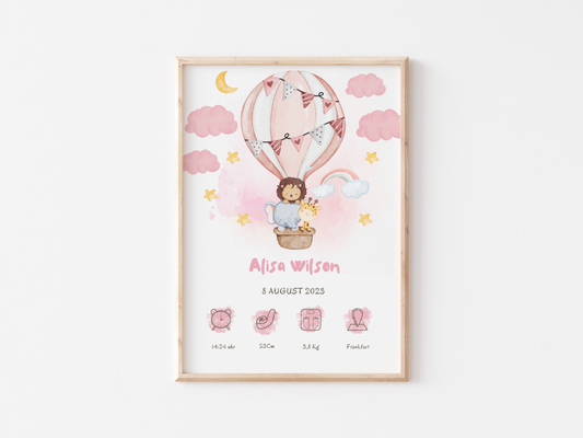 Pink themed birth announcement chat having hot air ballon with safari animals in it with pink clouds