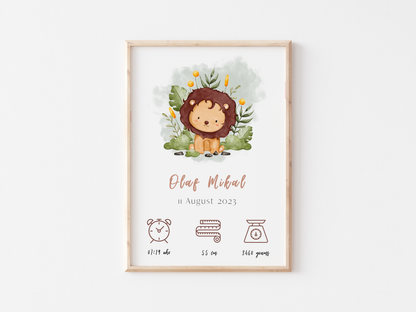 Personalised Baby Birth Chart | Birth Announcement | Lion