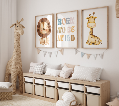 Born to Be Wild Animal Poster Set | Lion, Giraffe & Inspirational Quote for Kids' Rooms and Classrooms