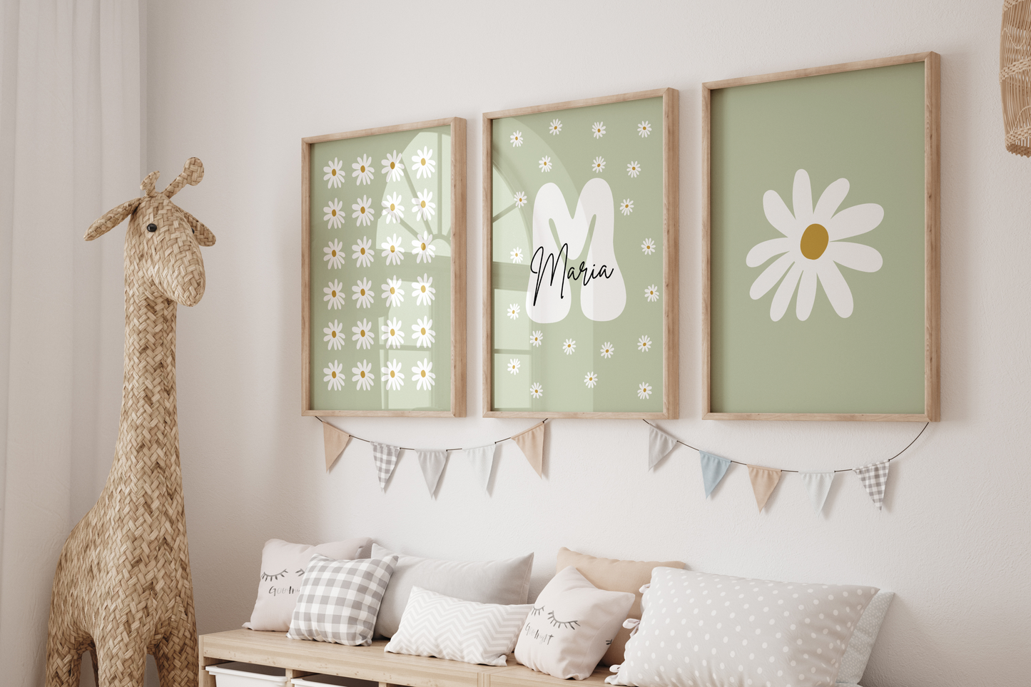 Minimalistisches Daisy-Baby-Namensposter – A4 | A3 | Wandkunst fürs Kinderzimmer | Anpassbares Daisy-Trio-Poster-Set