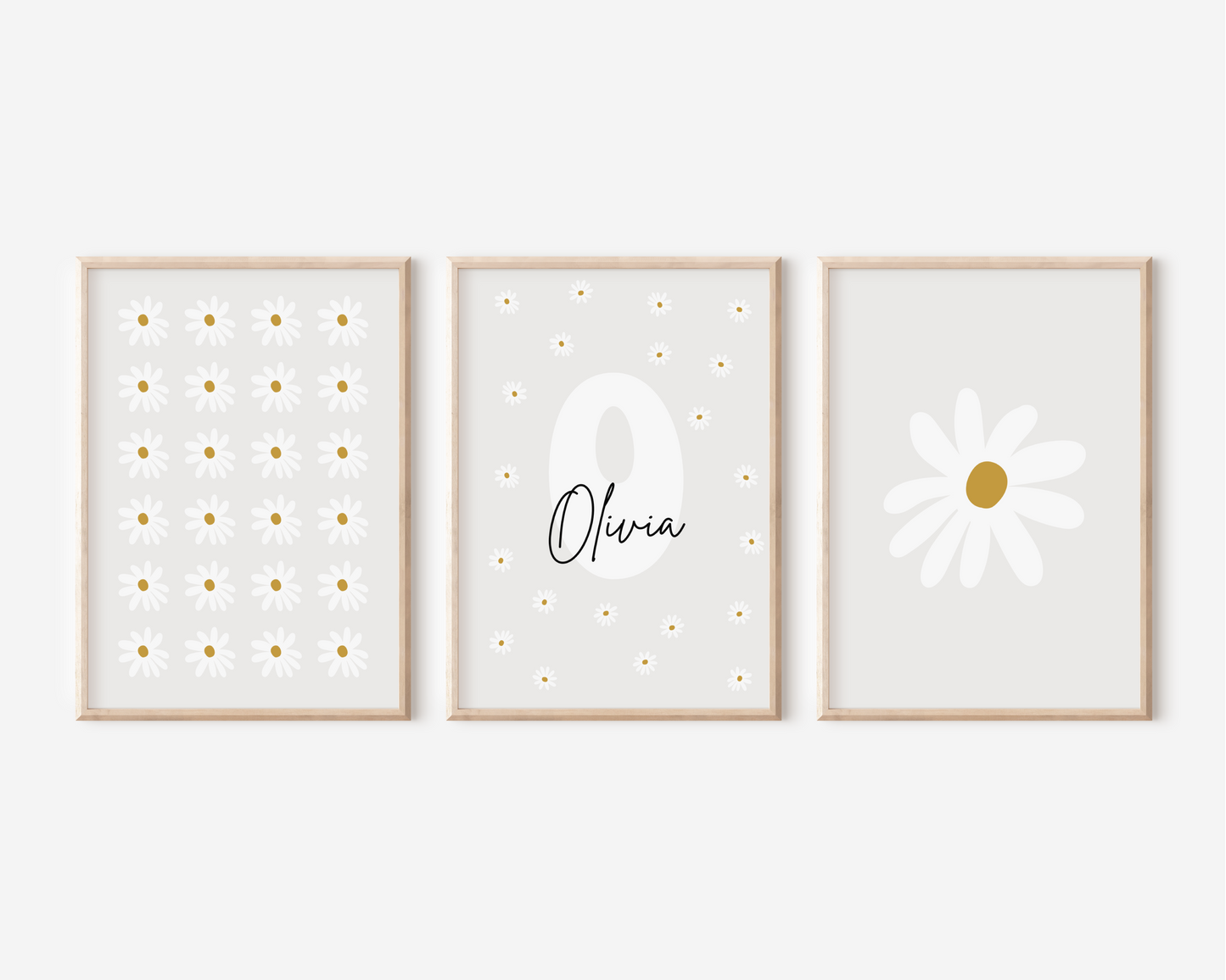 Minimalistisches Daisy-Baby-Namensposter – A4 | A3 | Wandkunst fürs Kinderzimmer | Anpassbares Daisy-Trio-Poster-Set