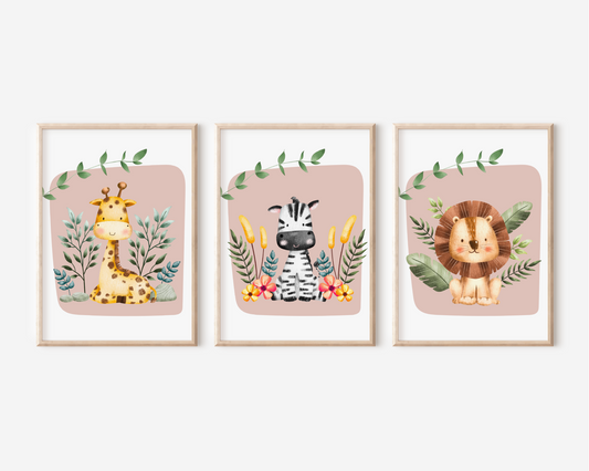 3er Set Giraffe, Zebra & Lion Posters