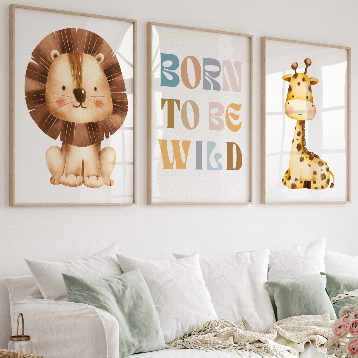 Born to Be Wild Animal Poster Set | Lion, Giraffe & Inspirational Quote for Kids' Rooms and Classrooms