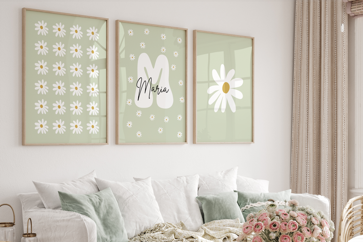 Minimalistisches Daisy-Baby-Namensposter – A4 | A3 | Wandkunst fürs Kinderzimmer | Anpassbares Daisy-Trio-Poster-Set