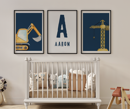 Tractor and Digger Poster | Boy's room Decor | Nursery Wall art | Customised Name