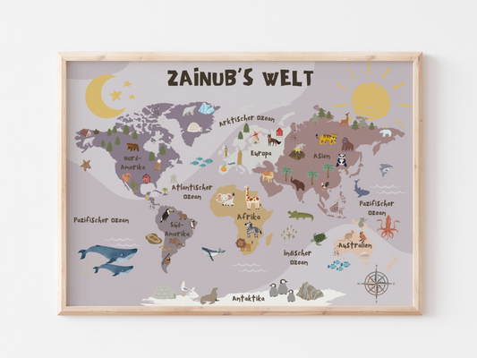 World map for children | Educational wall art for the children's room | Colorful poster for children's room decoration