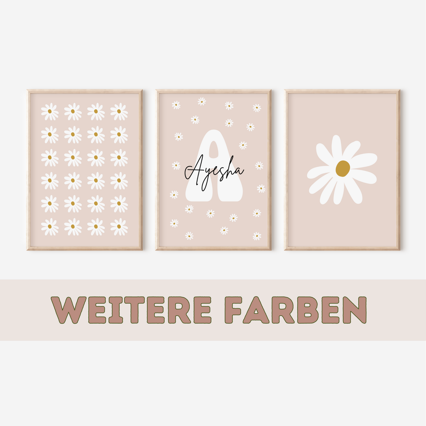 Minimalistisches Daisy-Baby-Namensposter – A4 | A3 | Wandkunst fürs Kinderzimmer | Anpassbares Daisy-Trio-Poster-Set