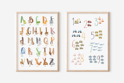 ABC und Zahlenposter Kinderzimmer | Alphabet Poster | Buchstaben | Zahlen von 1 bis 9