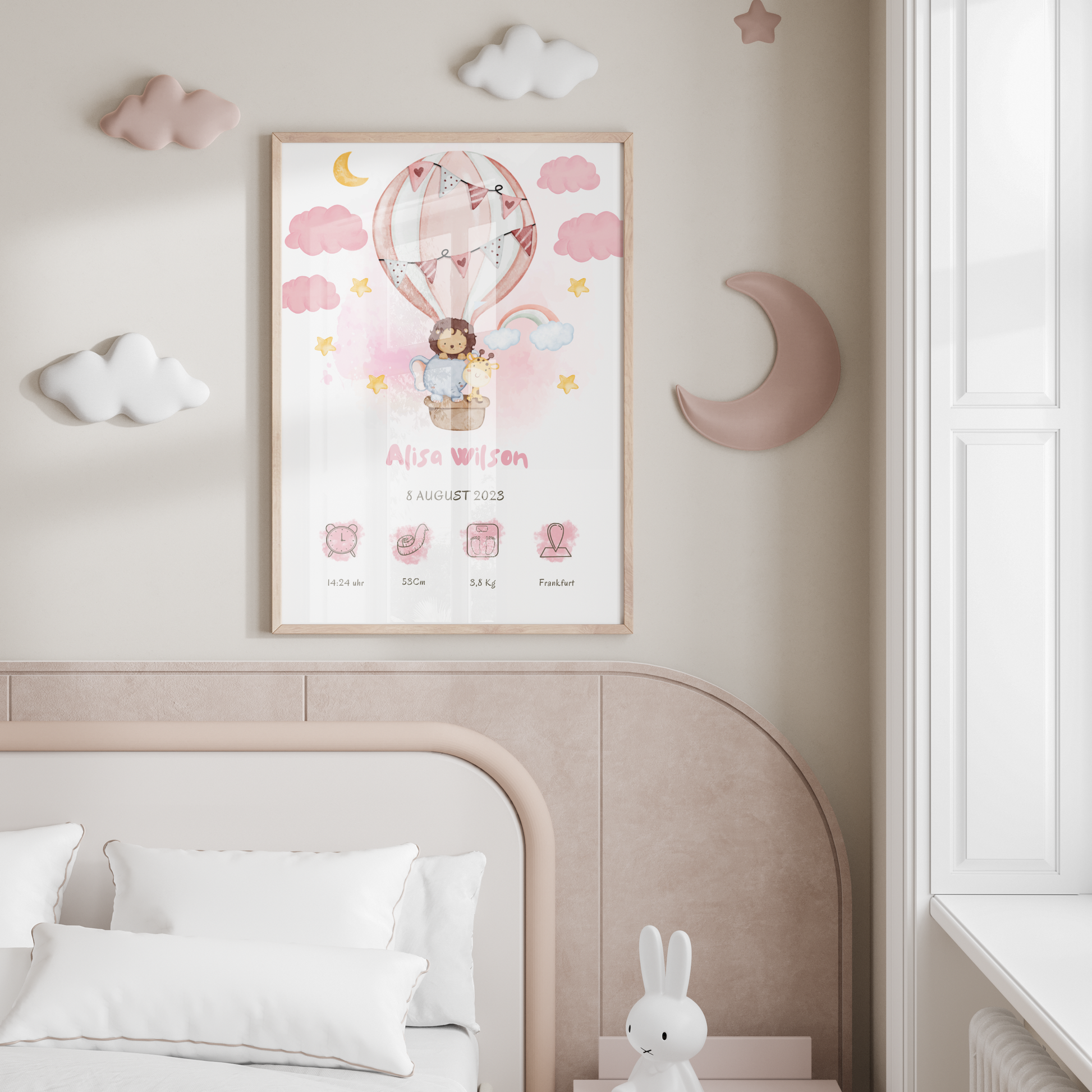 Pink themed birth announcement chat having hot air ballon with safari animals in it with pink clouds. this poster is hanged in a bedroom.