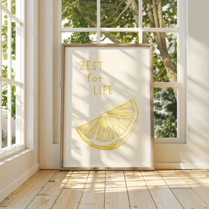 Zest for Life Lemon Art Print | Inspirational Wall Decor | Minimal Neutral Gallery